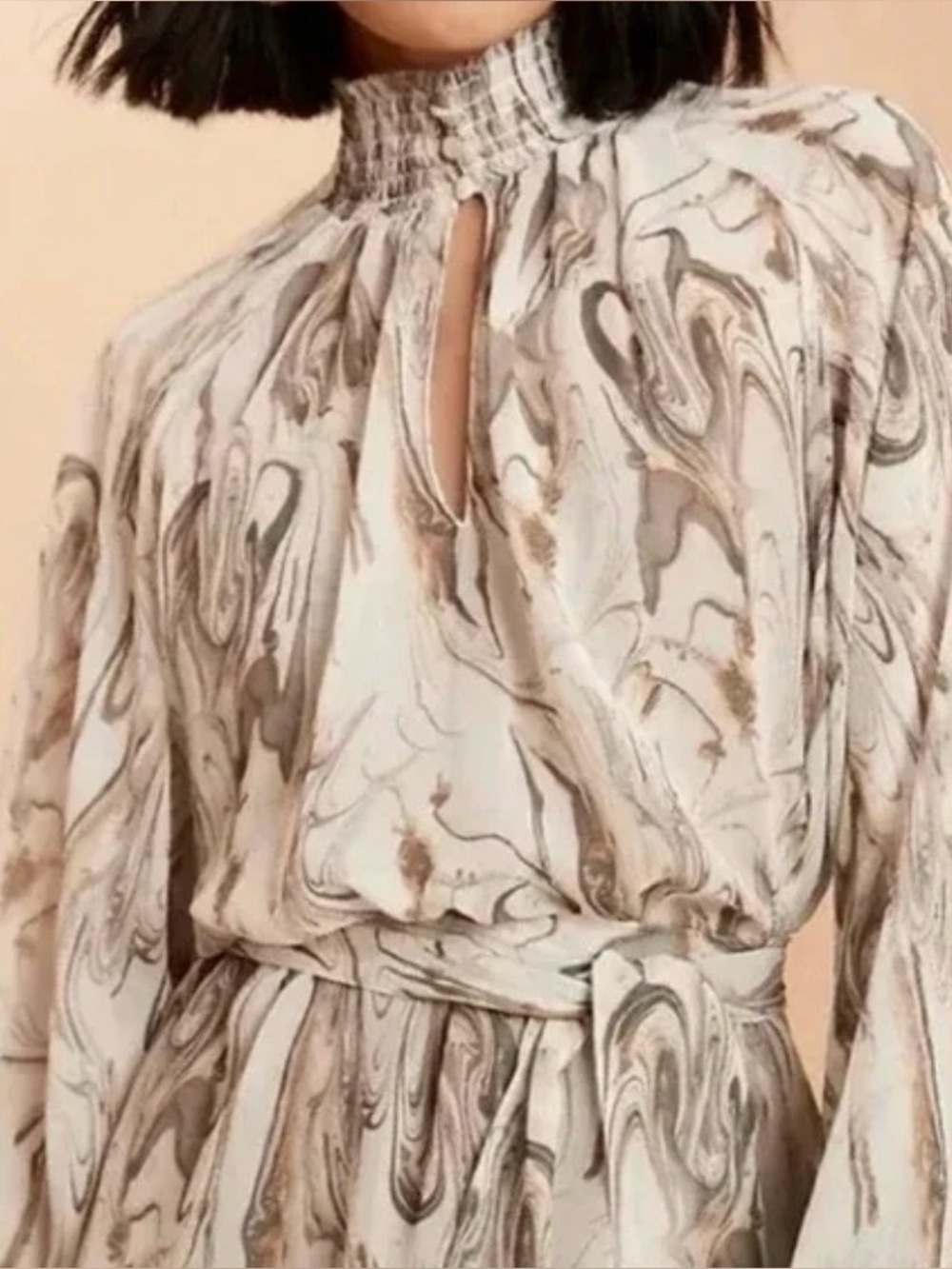 Banana Republic Cream Brown Sheer Summer Lightweight Print Mock Neck Belted Med